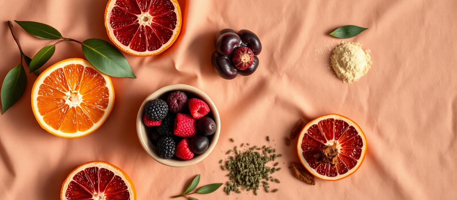 Ingredientes naturais: laranja moro, açaí, camu-camu e folhas de chá